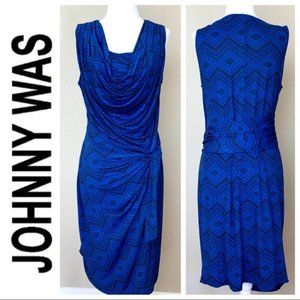 JOHNNY WAS Blue Print Shirred Waist Midi DRESS